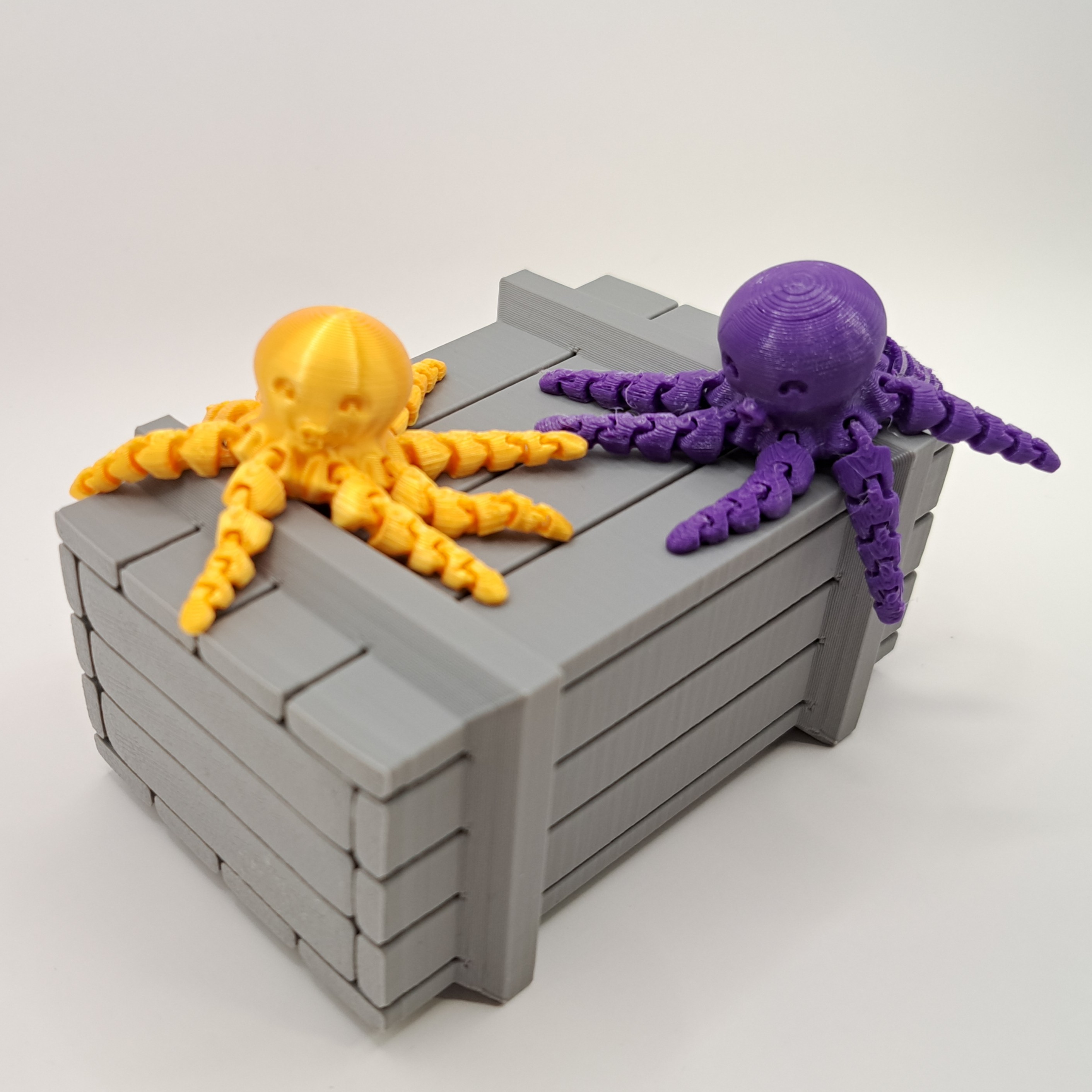 Octopus articulés posés sur une boîte mystère en 3D designée par Le Terrier Pandata